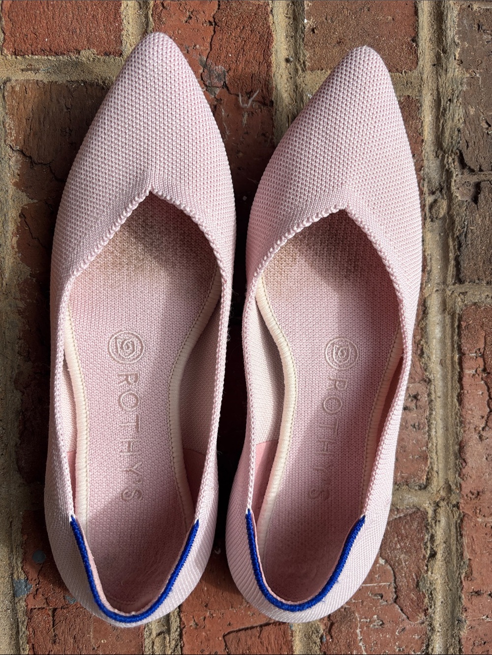 Rothy's Blush Pink Pointed Knit Flats with Blue Heel Trim